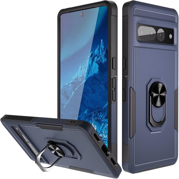 Compatible with Google Pixel 7 Pro Case, Dual Layer Shockproof Protective Cover with Metal Rotating Ring Holder Kickstand, (Blue)