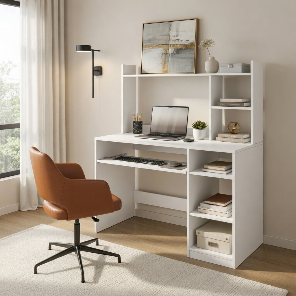 Yardi Yard Home Office Computer Desk with Bookcase Keyboard Tray and CPU Stand-White, Computer Desk, Gaming Computer Desks for Study,Working,Writing