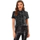 thumbnail image 1 of INSPIRE CHIC Blusa de fiesta de manga corta con cuello redondo y lentejuelas de terciopelo para mujer Negro XL, 1 of 4