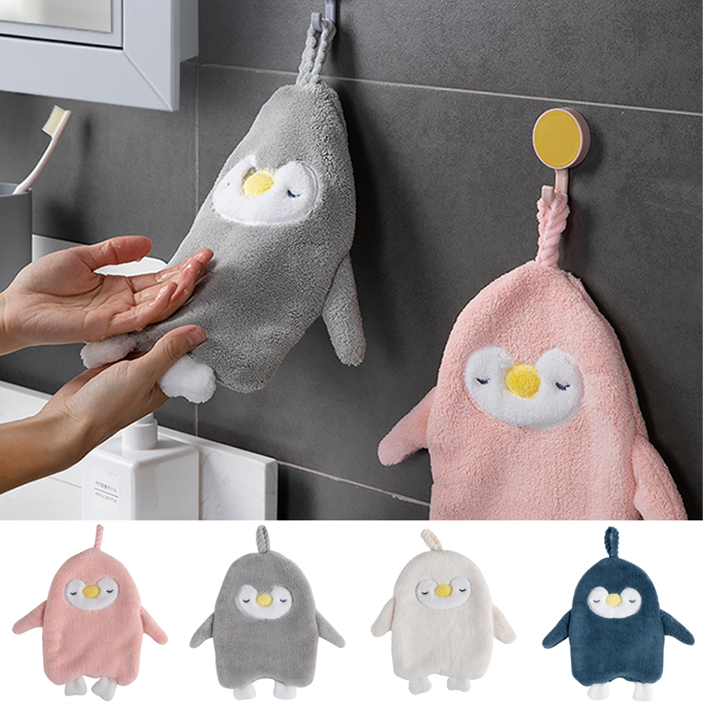 Cheers.US 4Pcs Hanging Hand Towels Ultra Soft Coral Fleece Penguin Hand Bath Towel with Hanging