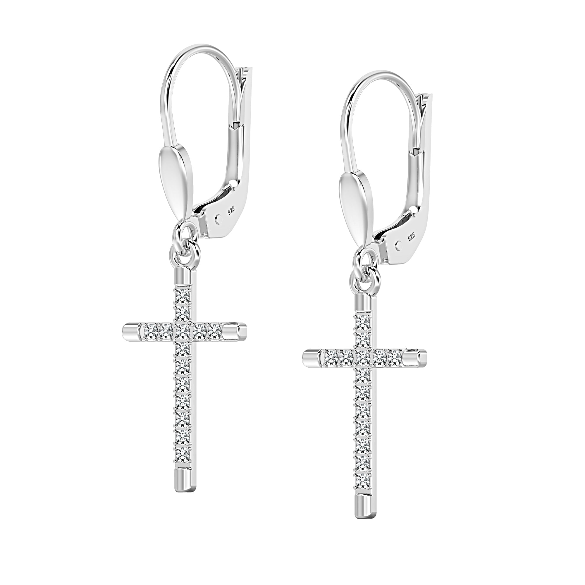 LeCalla Sterling Silver CZ Cross Micro Pave Leverback Drop Dangle Earrings, 33mm (Women's)