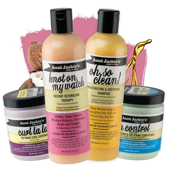 Aunt Jackie's Curls & Coils Perfect Hydrate Collection - Mega-Moisturizing with Shea Butter & Olive Oil, 4 Products: Curl Conditioner, Detangler, Shampoo, Hair Masque