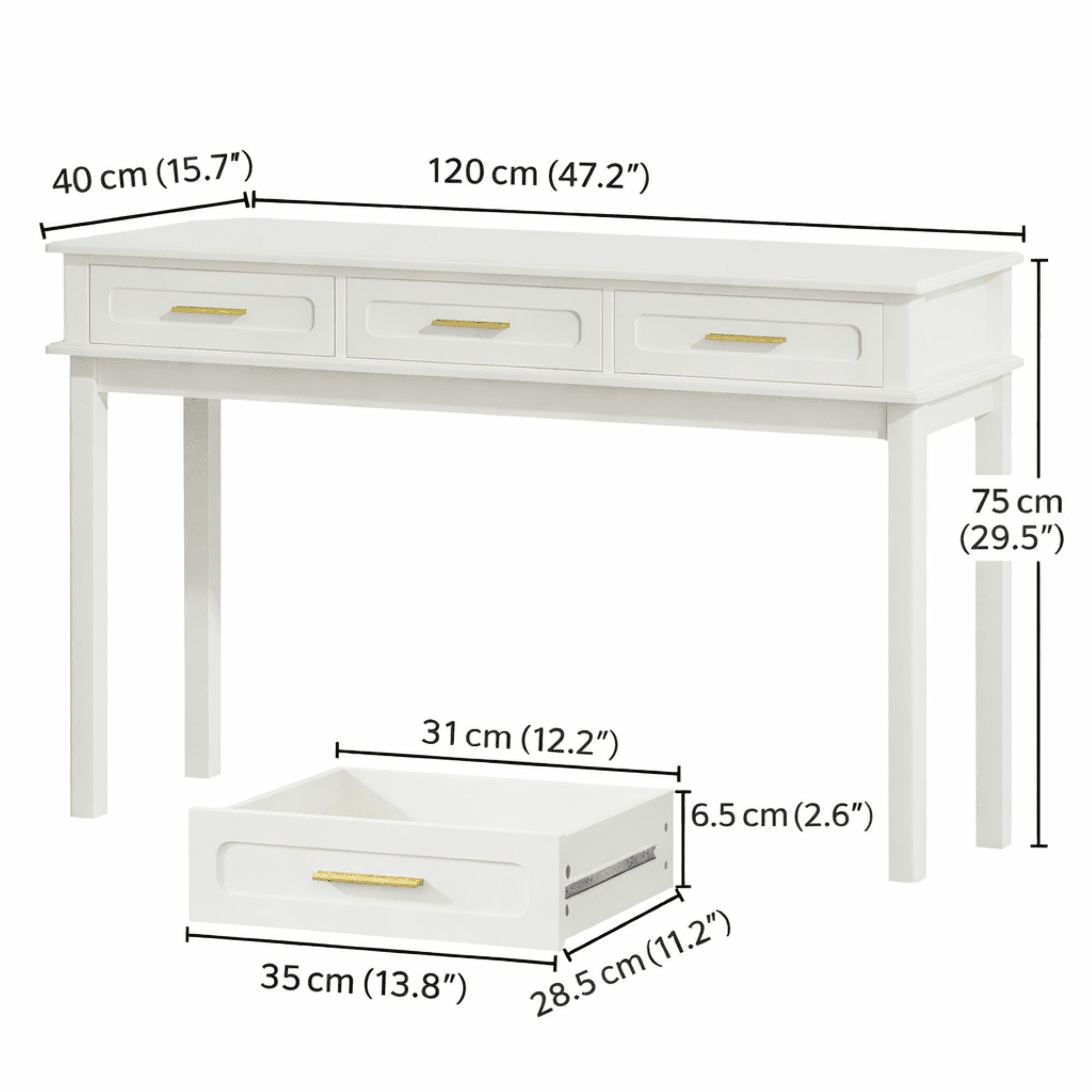 47.2 inch Writing Desk with 3 Drawer,Modern Computer Desk Small Desk Multipurpose Dressing Table for Bedroom,Small Home Office,White
