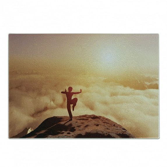 Kung Fu Cutting Board, Warm Tone Photo of Karate Posed Man on Mountains Above Clouds at Sunrise Print, Decorative Tempered Glass Cutting and Serving Board, in 3 Sizes, by Ambesonne