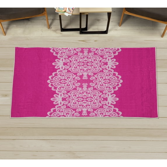 Lace Decorative Rug, Needlework Ornamental Style Vintage Wedding Bridal Theme Illustration, Quality Carpet for Bedroom Dorm and Living Room, 6 Sizes, Hot Pink, by Ambesonne