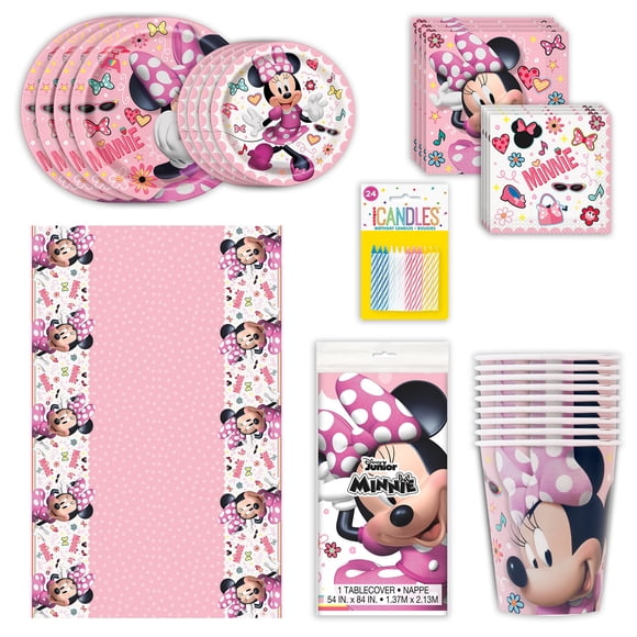 Complete Minnie Mouse Party Supplies Bundle - 81 Items: Plates, Napkins, Tablecloth, Paper Cups, Candles - Official Licensed Product for Kid's Birthday, Anniversary, Baptism - Unbeatable Value Pack