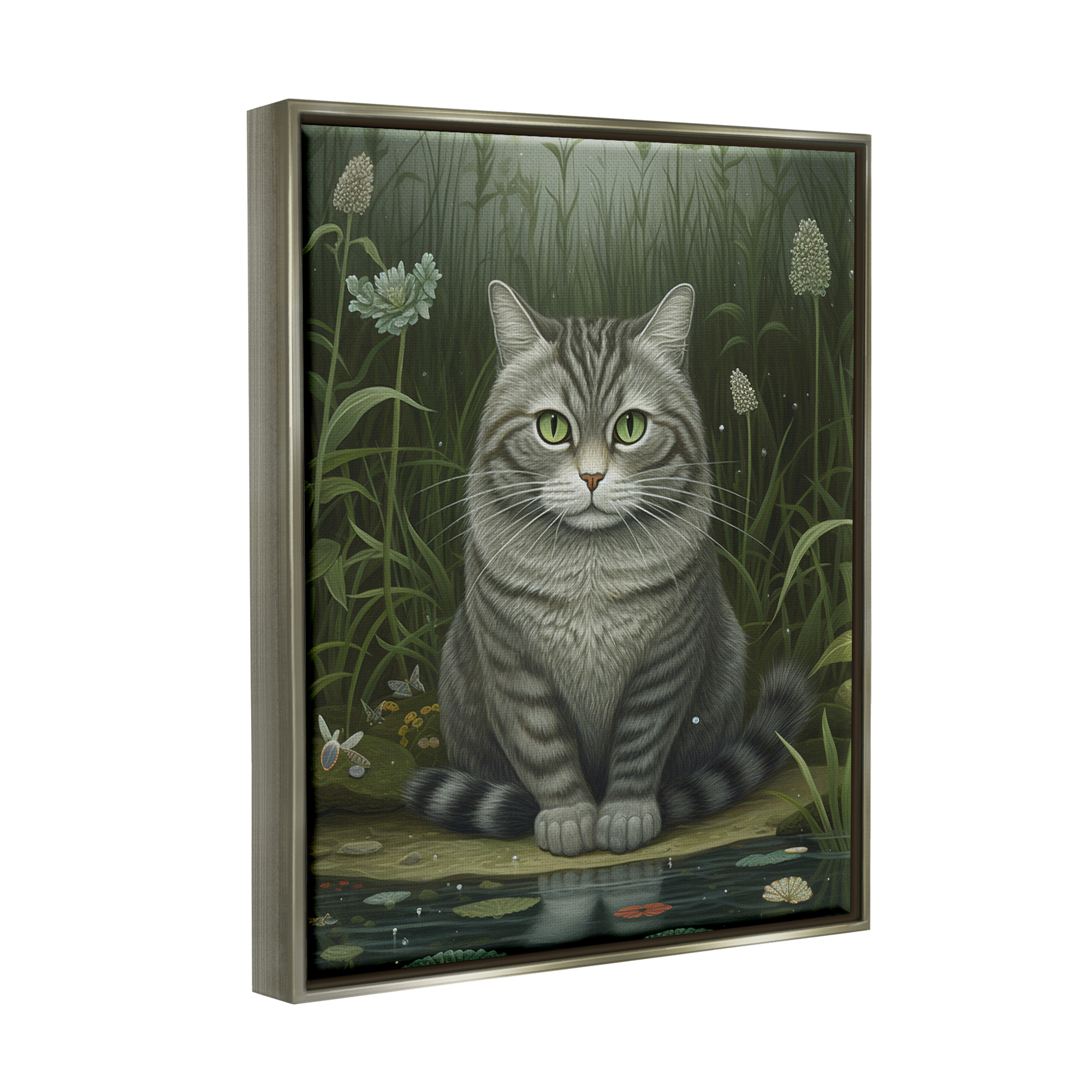 Stupell Industries Cat & Pond Lilies Animals & Insects Painting Gray Floater Framed Art Print Wall Art, 25 x 31