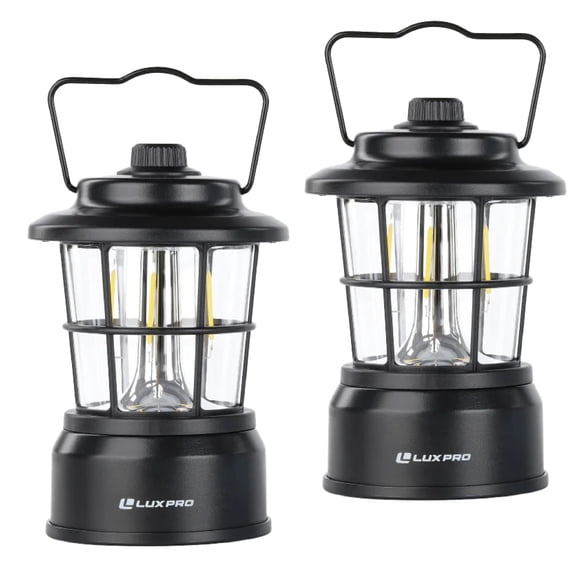 LuxPro LP1535 Retro LED Lantern, 265 Lumens, Black, Battery Powered, Emergency Light, 2-Pack