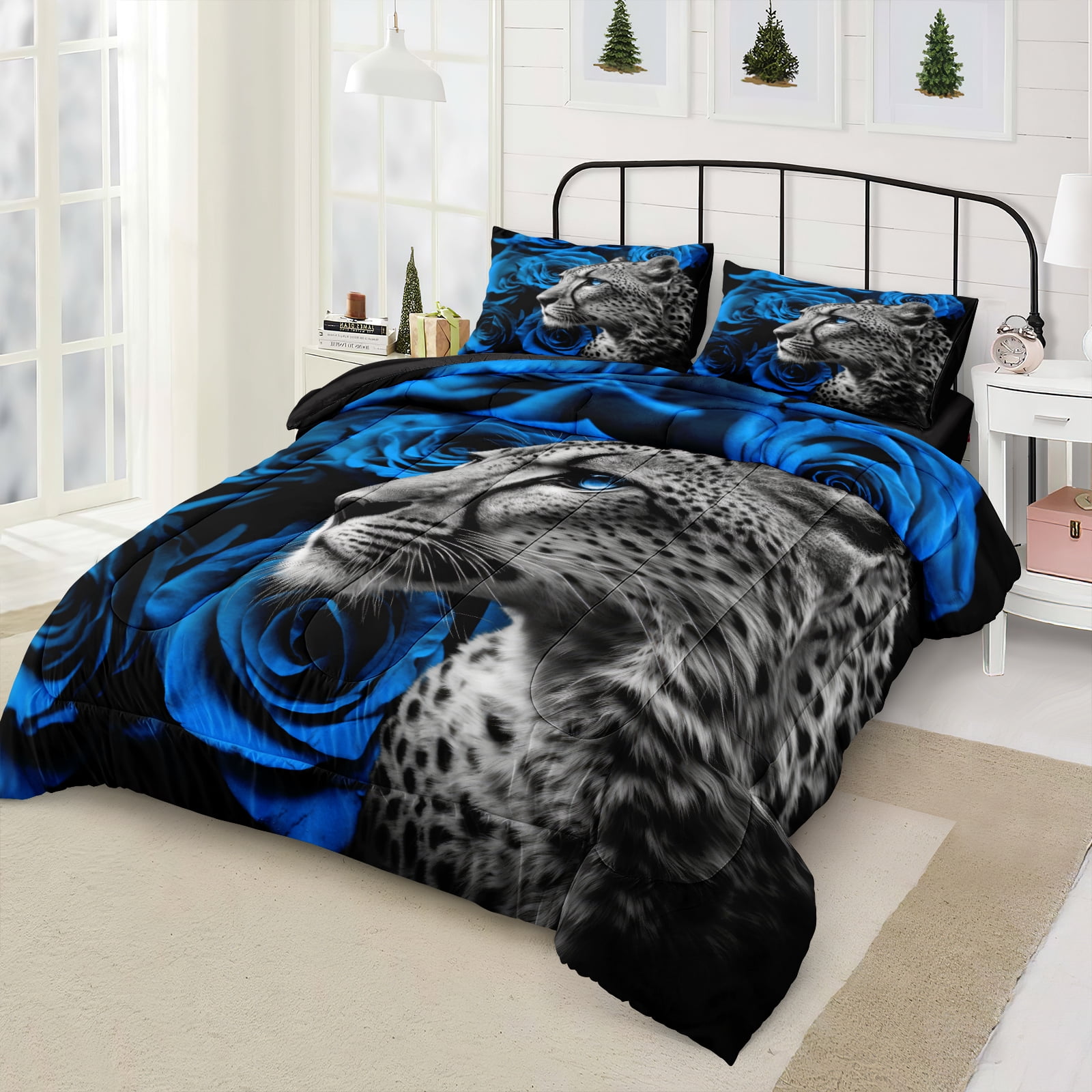 Move Over Cheetah Comforter Set 4 Pieces Blue Leopard Print Bedding Set Soft Microfiber Wild Animal and Blue Rose Bedding Set