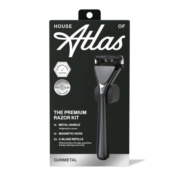 House of Atlas the premium razor kit (GUNMETAL) 1x metal handle, 1x magnetic hook, 2x 5-blade refills