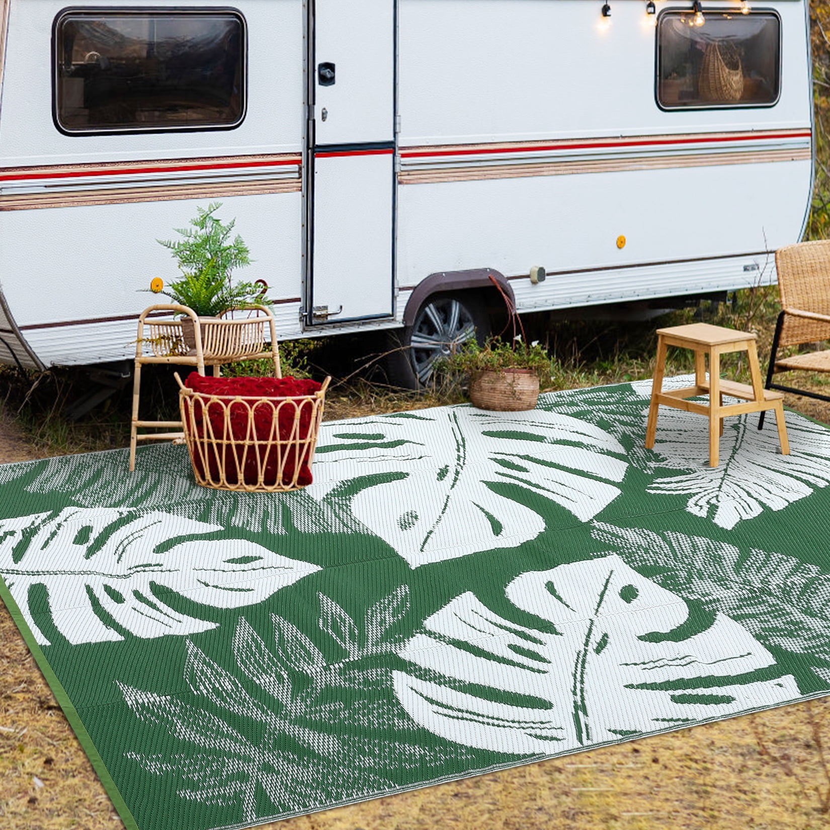 COZONY 9x12 Outdoor Rug, Reversible Waterproof Plastic Straw Patio Rug with Palm Leaf Pattern, Indoor Outdoor RV Mat for Patio Deck Balcony Camping