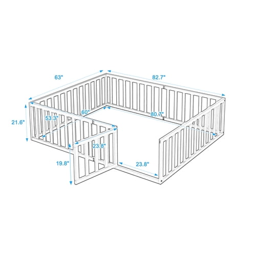 Queen Size Floor Bed for Kids, Wood Queen Montessori Bed Frame with Fence Guardrails and & Support Slats, Queen Playhouse Bed with Door Design, Kids Fence Bed Playpen Bed for Boys ,Girls, Walnut