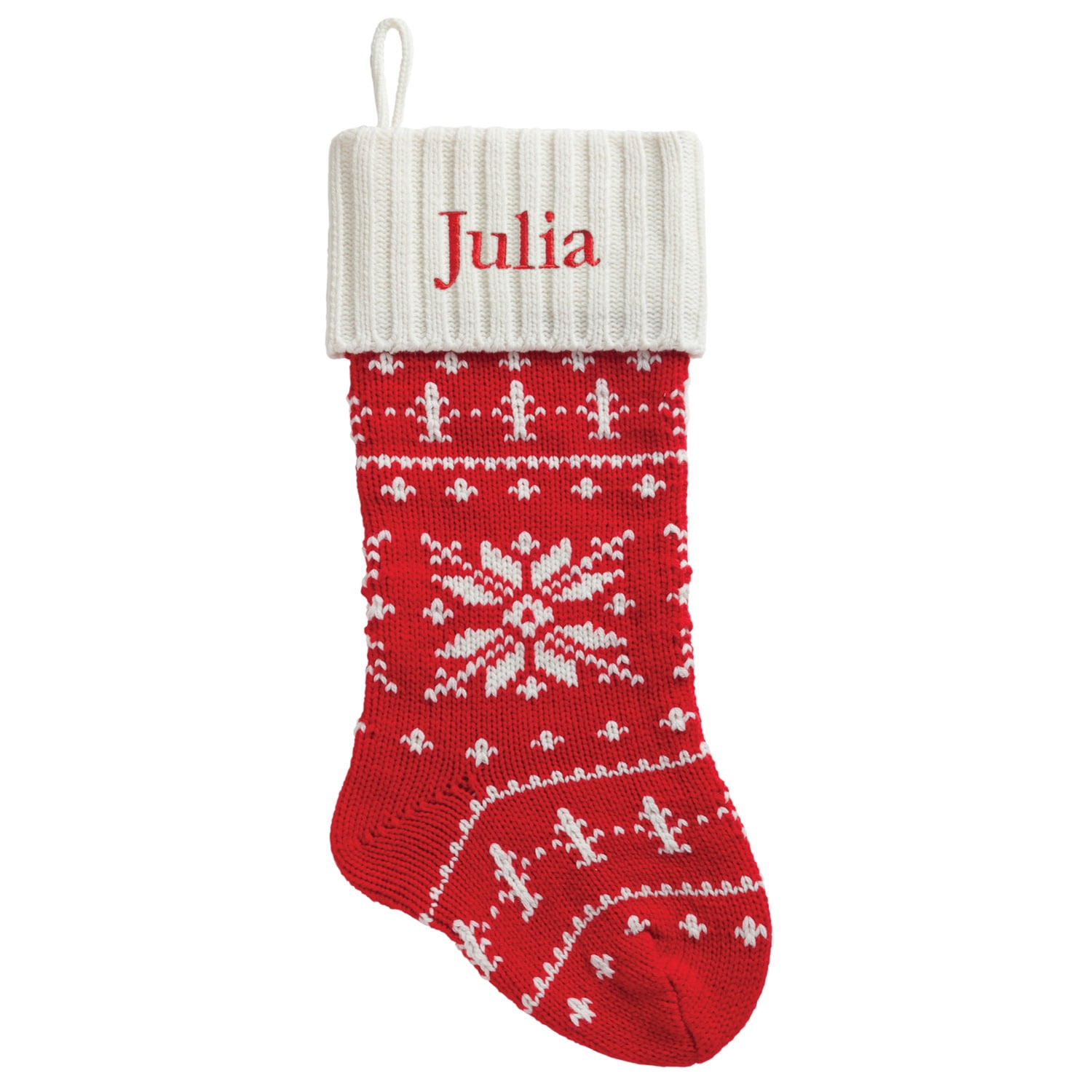 Snowflake Knit Personalized Christmas Stocking with Red or White Cuff