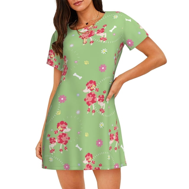 Disketp Cute Poodle Dog para Camisón Corto de Manga Corta para Mujeres, Camisón Cómodo con Escote Redondo, Bonito y Confortable