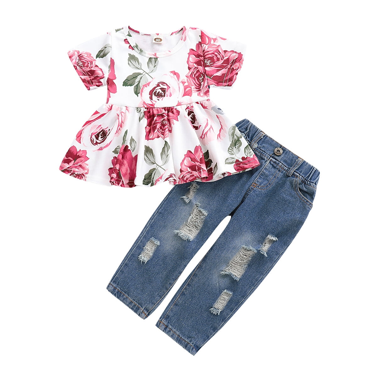 Infant Baby Girl Clothes Denim Outfits Short Sleeve Floral Shirt Top ...