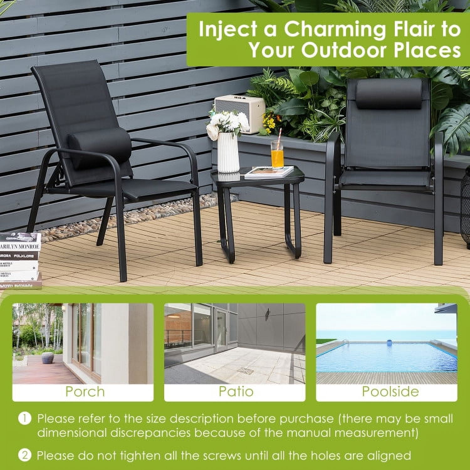 Aimee Lii 3 Pieces Outdoor Patio Furniture Set, Patio Bistro Furniture Set with Adjustable Backrest, Black