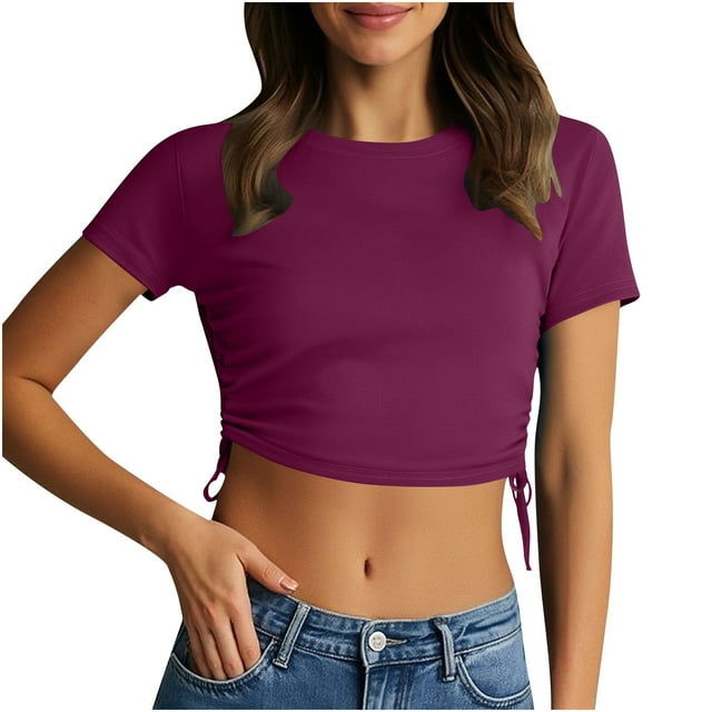 hotojiny Hauts Courts pour Femmes Doux Col Rond Manches Courtes Cordon Latéral Chemise Ajustée Unie Extensible Sortie Mode Urbaine Été Tendance
