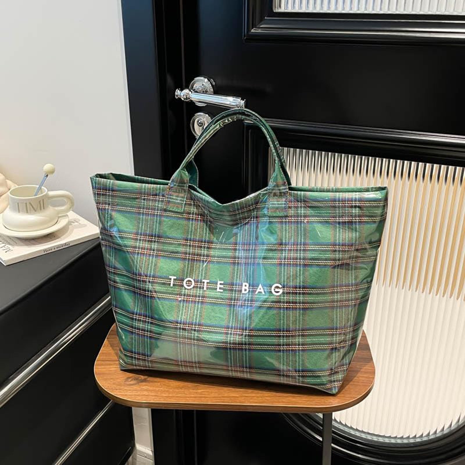 Comefolife Christmas Green Plaid PVC Tote Bag for Women Vintage Christmas Buffalo Check Tote Bag Plastic Handbag