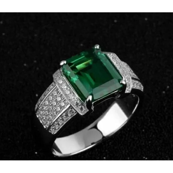 Men’s Emerald Cut Green Emerald Ring 925 Sterling Silver White Gold Finish-8
