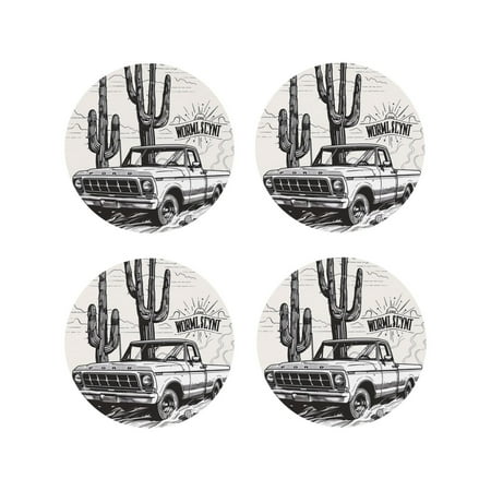 

KLL Drink Coasters Set Round Shape of 4 PU Leather Absorbent Coasters Set Decorative Coffee Cup Coasters Housewarming Gift for Home Decor-Vintage Cactus Pickup