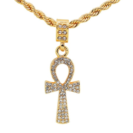 14k Ankh Cross Pendant - 14K Yellow Gold Plated Hip Hop Bling Eye of Ra Ankh Cross Pendant with 24