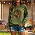 thumbnail image 2 of Women Crew Neck Halloween Witch House Graphic Sweatshirt, Drop‑Shoulder Long Sleeve Loose Pullover, Vintage Retro Fall Holiday Top for Halloween Party Trick‑or‑Treat Daily Wear, 2 of 4