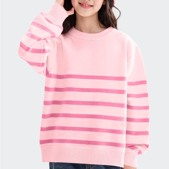 AHTJRT Girls Oversized Striped Sweater Kids Children Fall Winter Fashion Crewneck Pullover Thermal Soft Knitted Basic Top Pink 11-12 Years