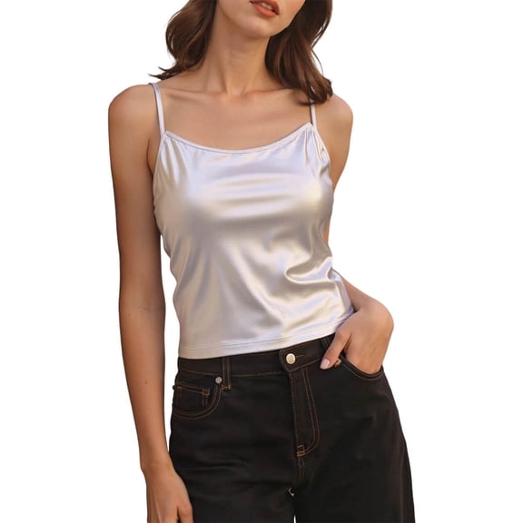 KHONTS Women's Metallic Shiny Camisole Disco Party Sleeveless Slim Fit Tanks Tops Rave Fashion Tunic Undershirts Silver XL