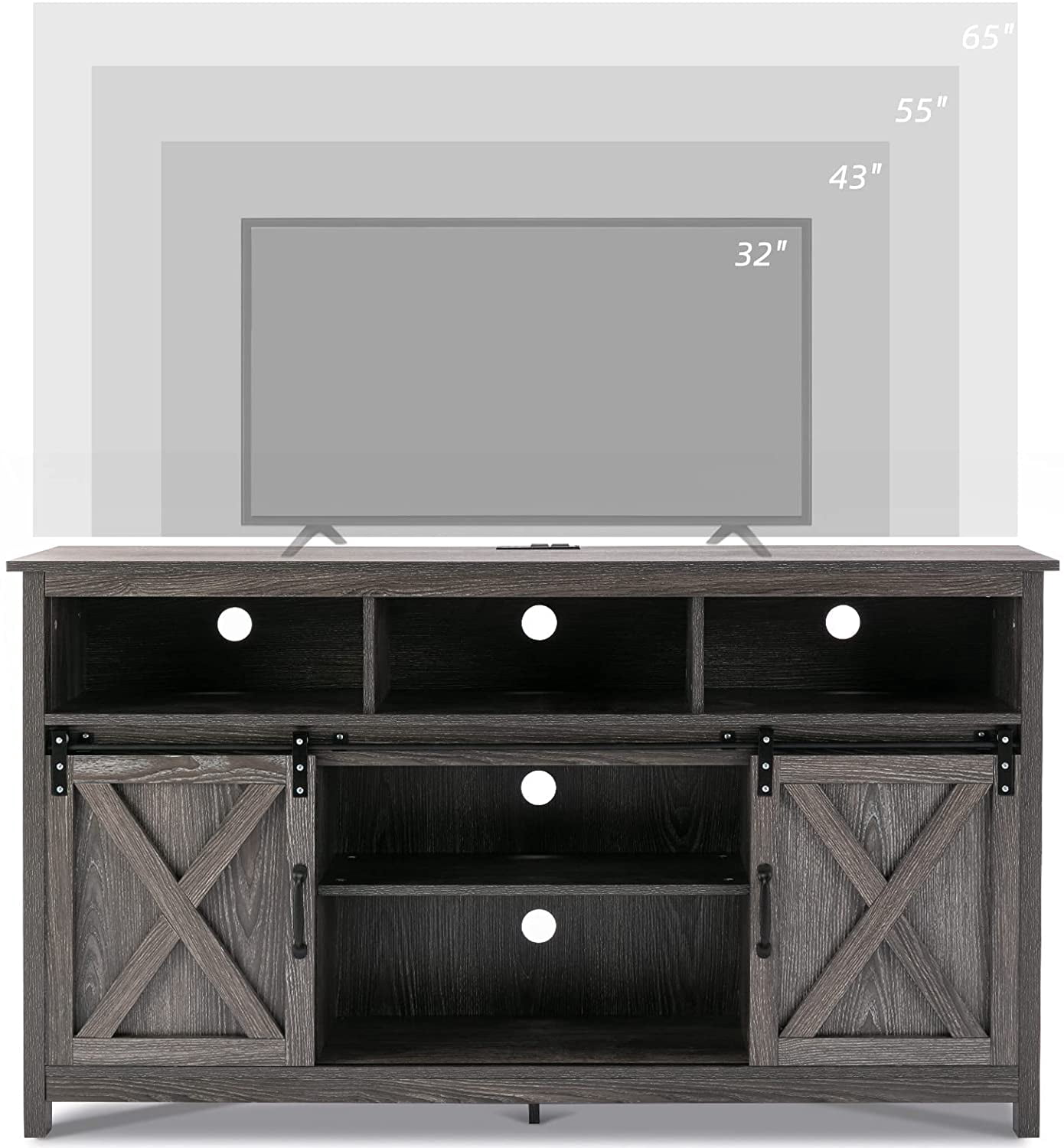 Yaoping Farmhouse Barn Door TV Cabinet Up to 65" TV Media Console with Open Shelves Adjustable Storage, Entertainment Center with Power Outlets(Grey)