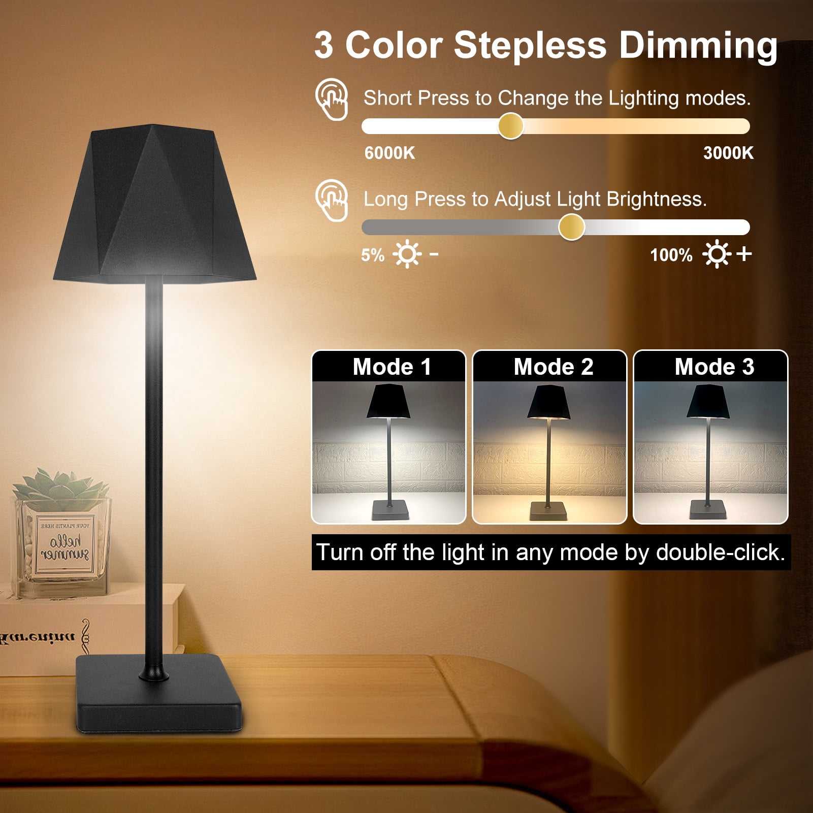 Asibpxy 14" Modern Cordless Matte Black Aluminum Table Lamp with Black Geometric Shade