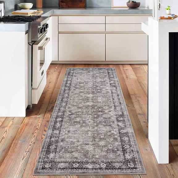 EcoSummer Area Rug 2'x6' Indoor Vintage Hallway Runner - Washable Low Pile Carpet with Non-Slip Backing, Gray Distressed Floral Pattern for Living Room, Bedroom, Office, Nursery