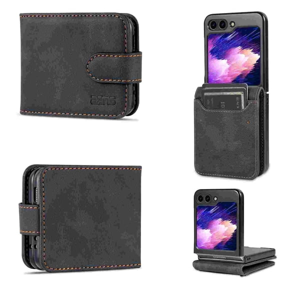 Case for Samsung Galaxy Z Flip 7, PU Leather Card Slots Magnetic Closure Vintage Shockproof Protective Case for Samsung Galaxy Z Flip 7 - Black