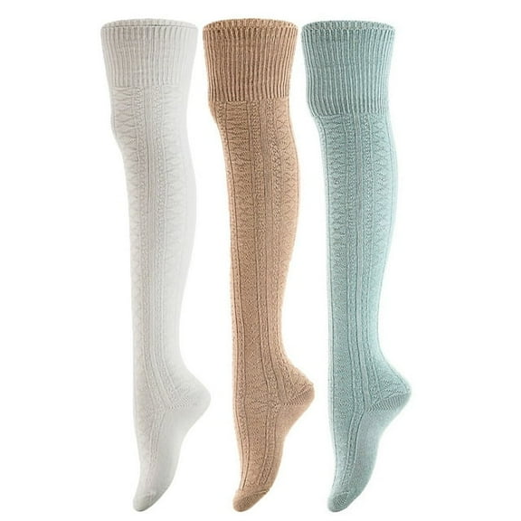 Lovely Annie Women's 3 Pairs Super Soft Incredible Durable Thigh High Cotton Boot Socks A1025 Size 2-6Cream, Beige, Blue