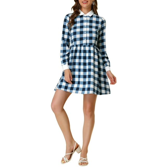 INSPIRE CHIC Robe-Chemise à Carreaux pour Femme à Manches Longues Boutonnée à Col Pointu m Bleu Blanc