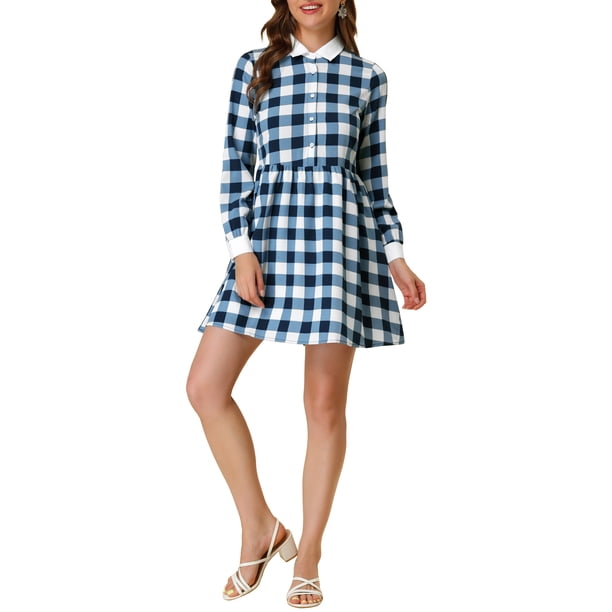 INSPIRE CHIC Camisa vestido de manga larga a cuadros S Azul Blanco