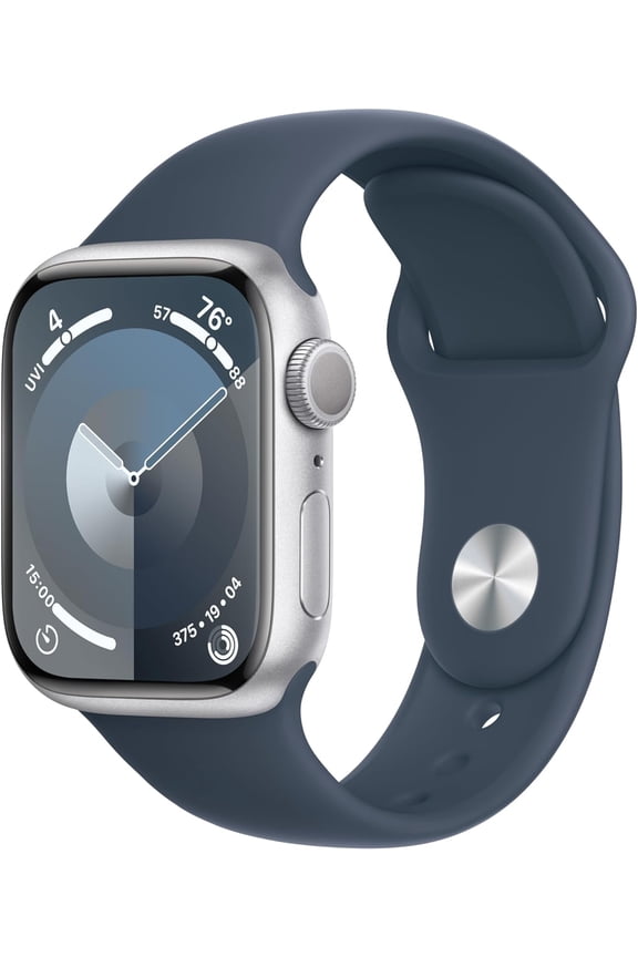 Pre-Owned Apple Watch Series 9 [GPS 41mm] Smartwatch with Aluminum Case and Storm Blue Sport Band - S/M. Fitness Tracker, ECG Apps, Always-On Retina Display, Water Resistant - Silver (Fair)