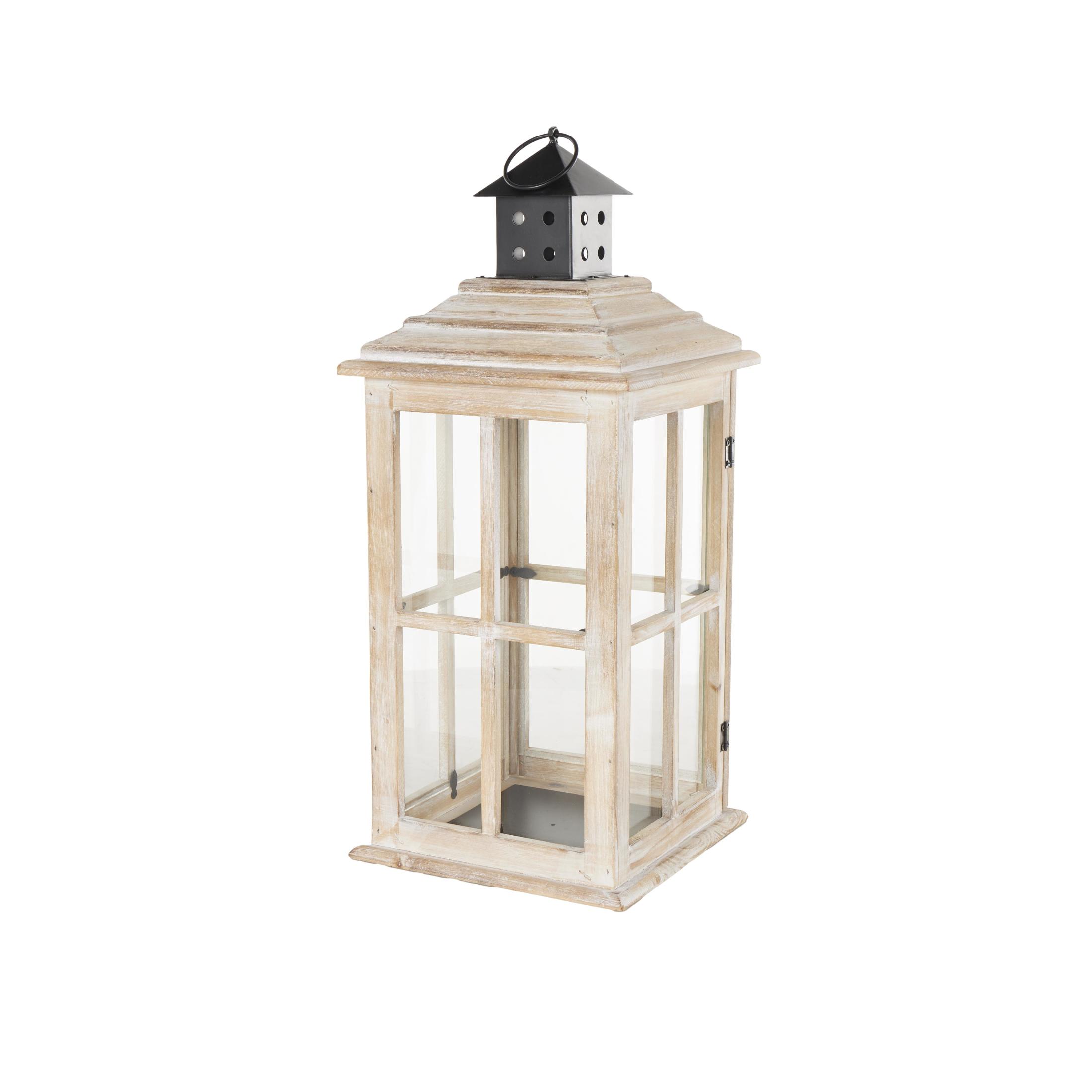 DecMode Light Brown Wood Light House Decorative Candle Lantern with Black Ring Handle