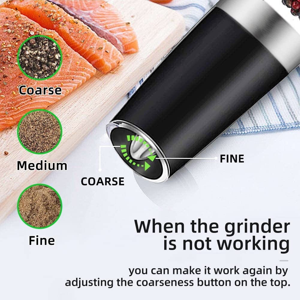 Automatic Salt and Pepper Grinder Set, Gravity-Activated Electric Grinders with Adjustable Coarseness, LED Light, and One-Handed Operation, Ideal for Spices,Battery Operated (Black,2Pack)