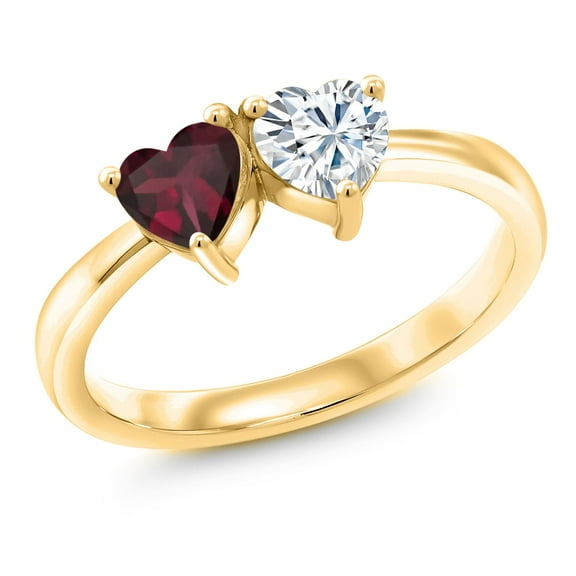 Gem Stone King 18K Yellow Gold Plated Silver Fashion Right-Hand Ring Heart Shape Red Rhodolite Garnet and Moissanite (0.97 Cttw, Size 5)