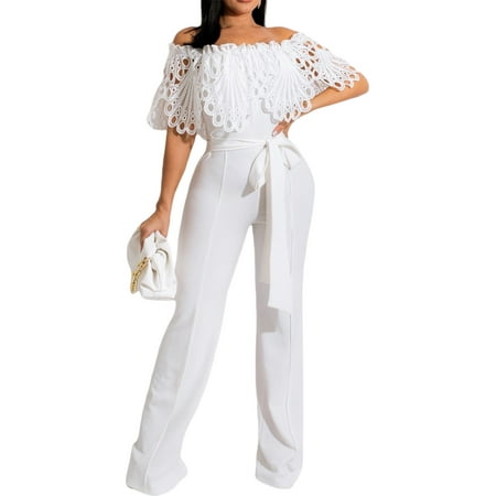 

Calsunbaby Women Off Shoulder Ruffle Jumpsuits Mesh Sheer Sleeveless Backless High Waist Wide Leg Long Rompers Overalls White L
