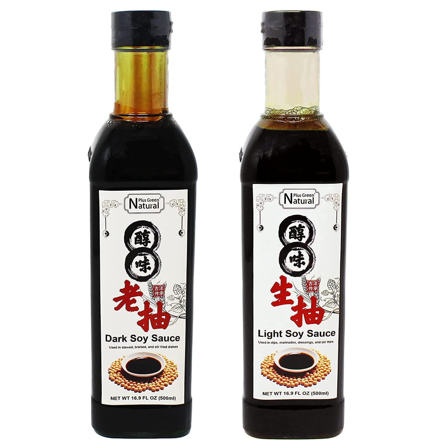 Light and Dark Soy Sauce Set 16.9 FL Oz of 2), Dipping Sauces for Dumpling, Noodles, and Marinade Meat, Condiment for Japanese Sushi, Sashimi, Asian Stir Fry, Vegan No