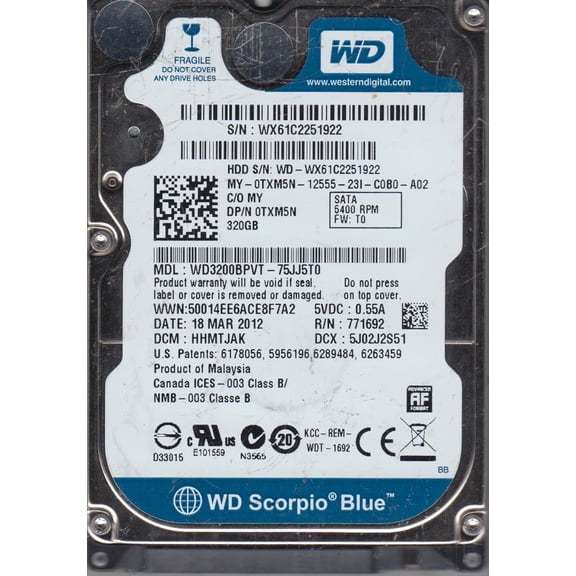 WD3200BPVT-75JJ5T0, DCM HHMTJAK, Western Digital 320GB SATA 2.5 Hard Drive