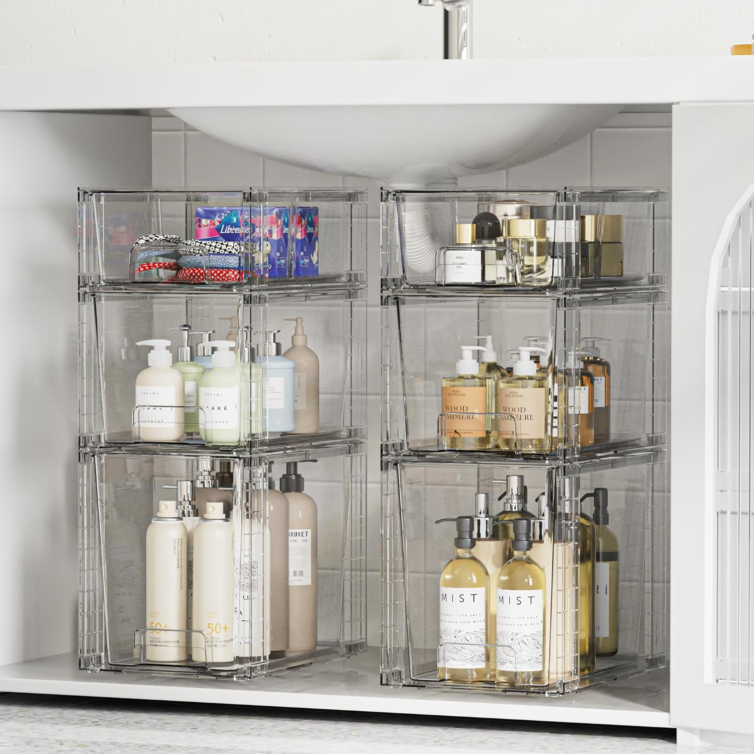 3 Pack Clear Stackable Storage Drawers,Easy to Assemble Bathroom Organizers and Storage with handles,Plastic Drawers for Kitchen Pantry,Cabinet,Under Sink Organization