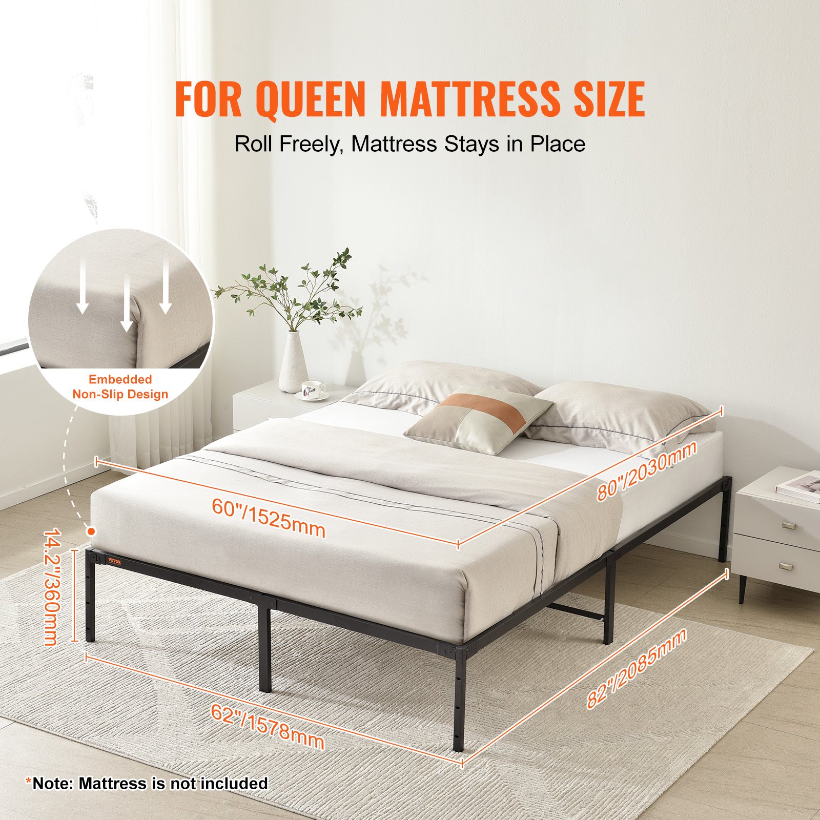 BENTISM Queen Size Bed Frame 14 inch Metal Bed Frame Platform 1500 lbs Noise Free