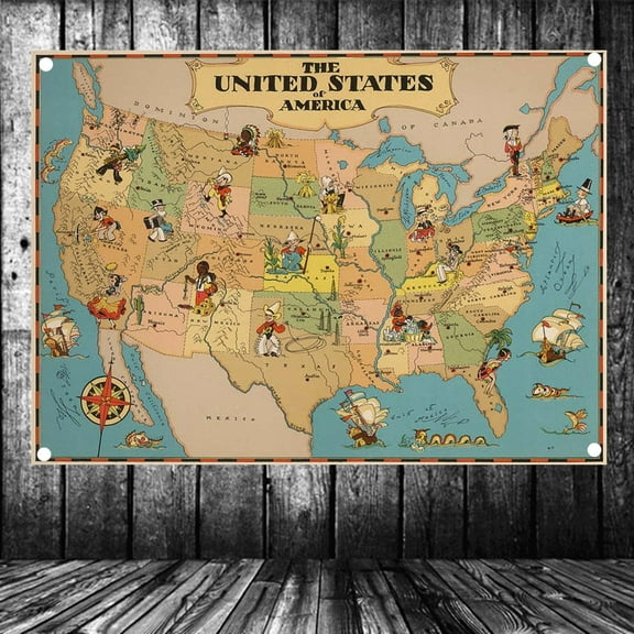 United States Map Published in 1935 Flag Banner Vintage Wall Art Posters and Prints Canvas Painting Wall Hanging Cloth Tapestry Room, Office, Home Decoration,38X57 inches