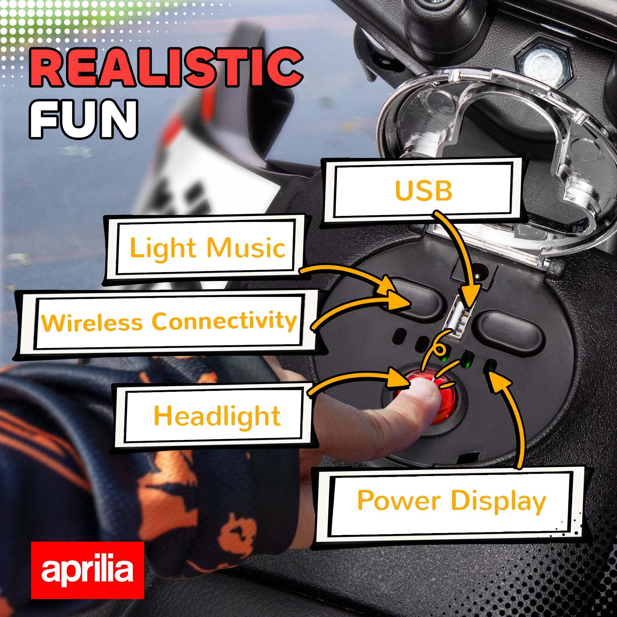 Qaba 12V Kids Motorcycle, Aprilia Licenced Electric Motorcycle for Kids with Training Wheels, Spring Suspension, LED Light, USB, Music, Red