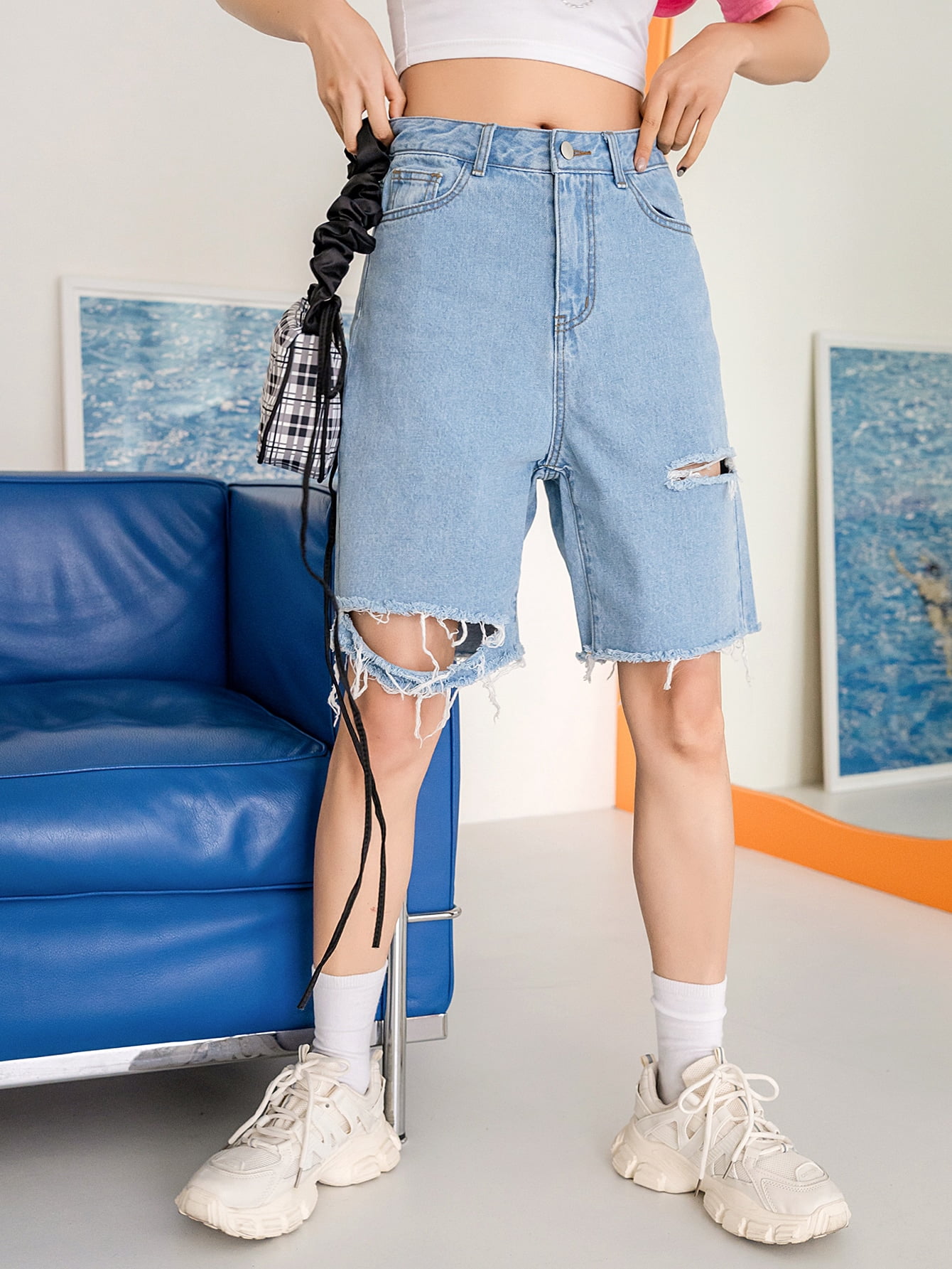 Women's Ripped Bermuda Denim Shorts 