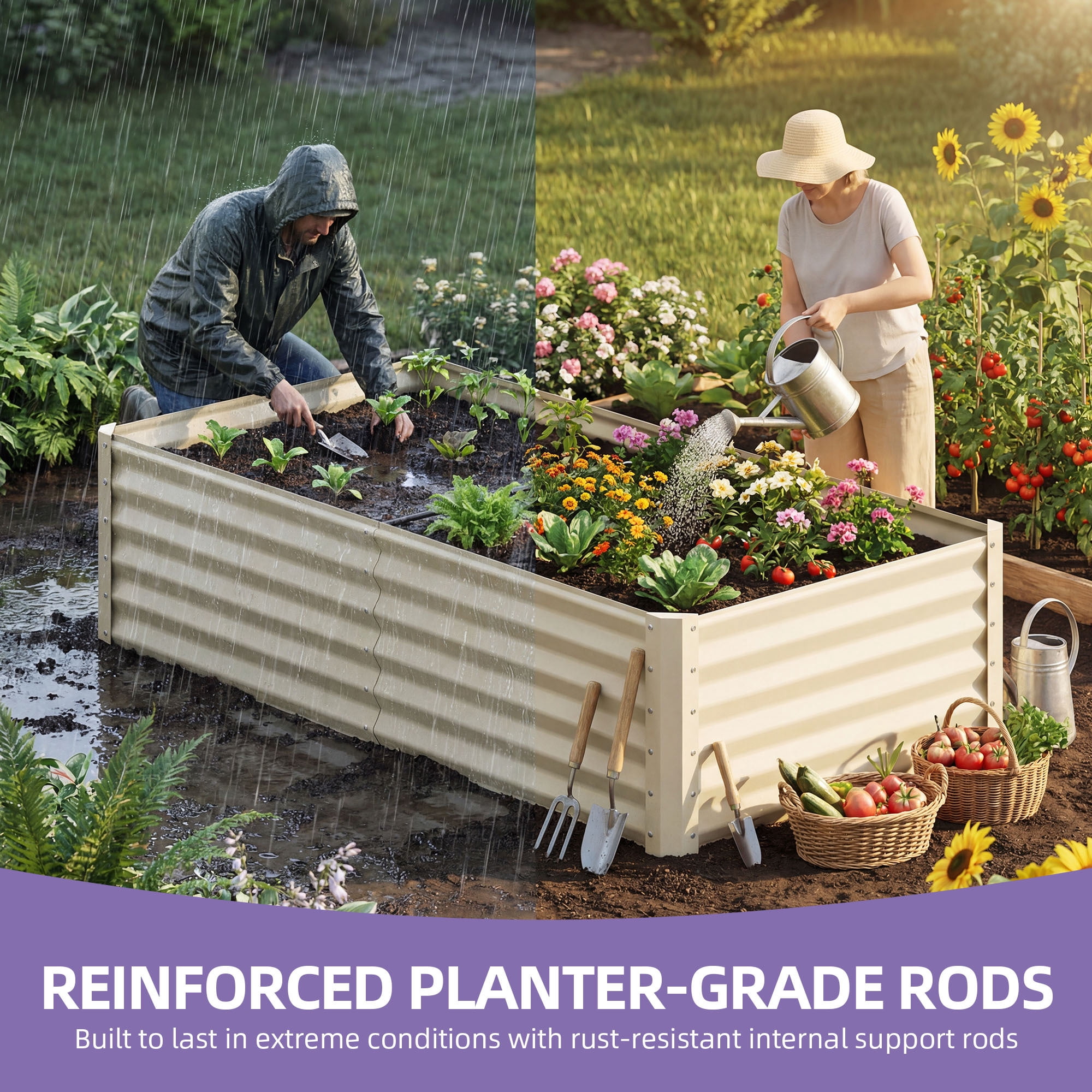 Uforic 6x3x3 Ft 1 Piece Galvanized Metal Raised Garden Bed Kit with Free Gloves Cream White