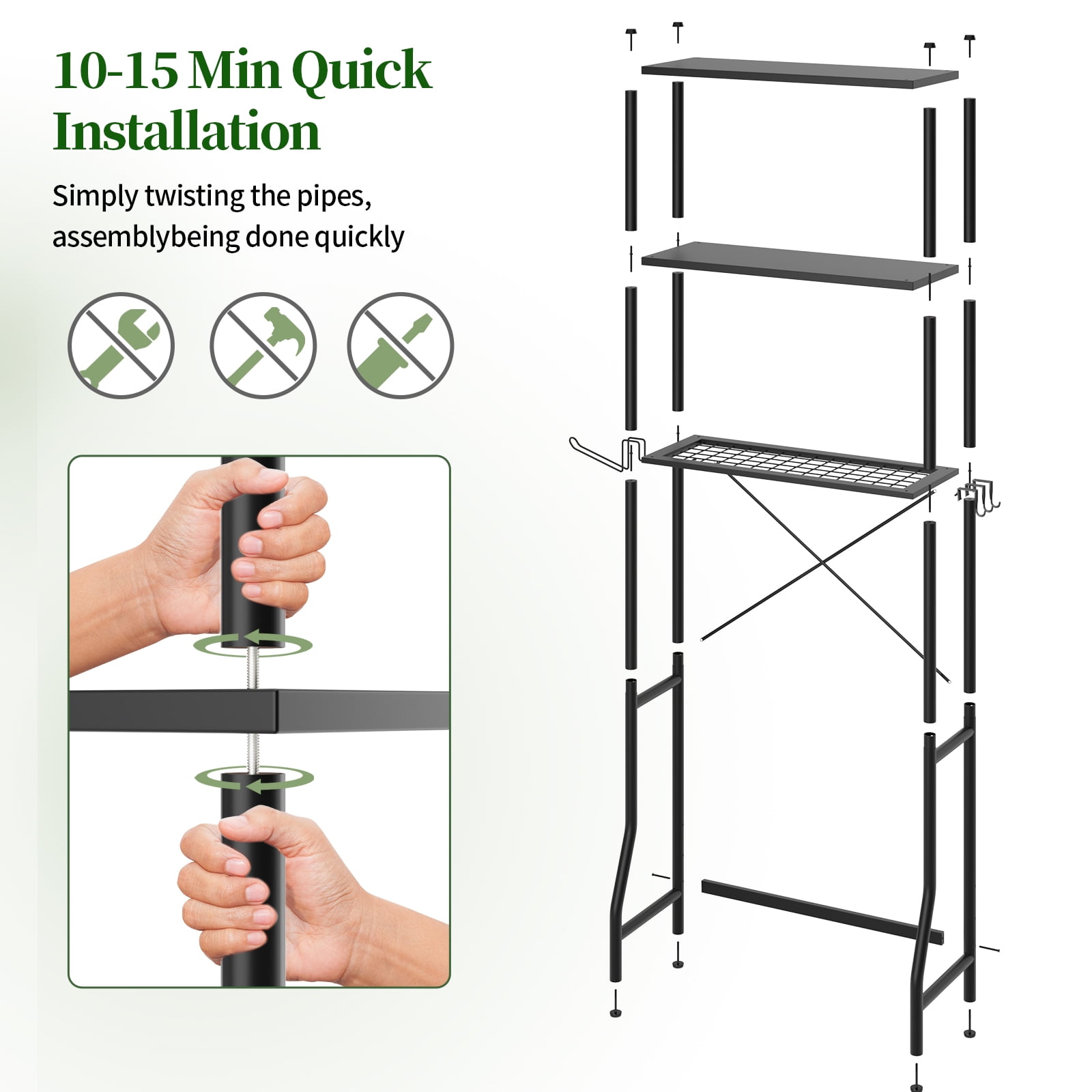 Capri 3-Shelf Over the Toilet Storage, Freestanding Wooden Bathroom Organizers and Storage Shelf, Metal Frame, Space Saver, Black