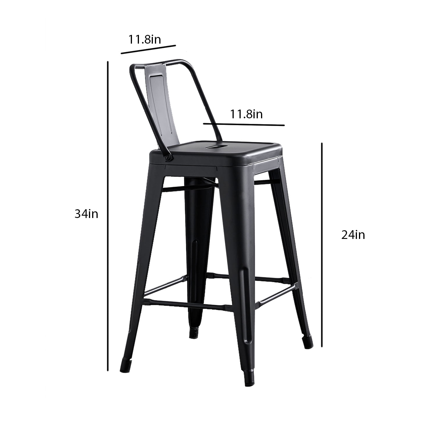 24" Matte Black Industrial Contemporary Rustic Metal Barstools with Bucket Back, Set of 4